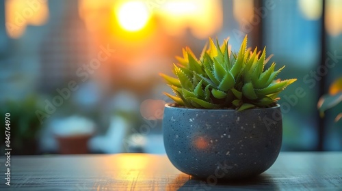 A small plant in a black pot sits on a table in front of a window