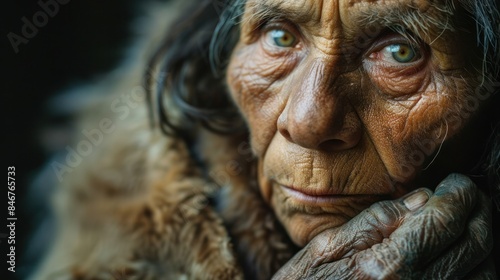 A primitive caveman, or Neanderthal. Stone Age, history of human evolution © sirisakboakaew