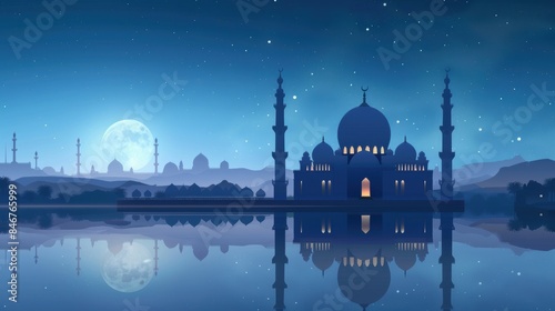 Islamic holidays banner, mosque in moonlight with tranquil water reflection photo