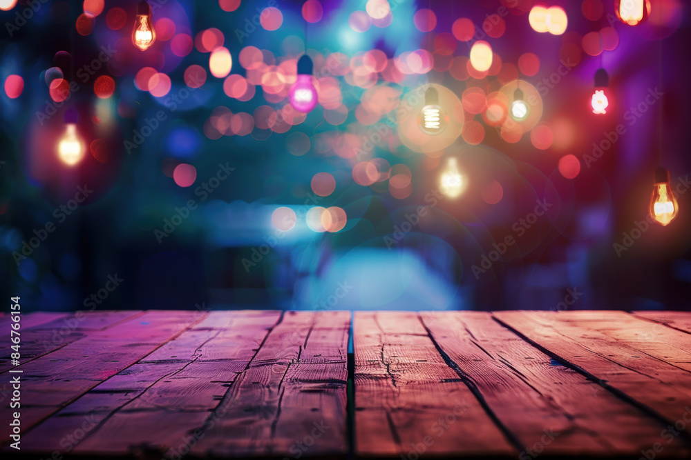 Rustic wooden table with colorful glowing string lights in the background, creating a magical and festive bokeh ambiance. Rustic wooden table with colorful glowing string lights in the background, creating a magical and festive bokeh ambiance.