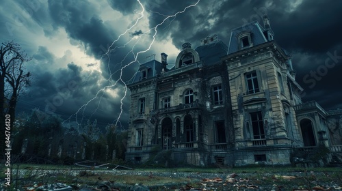 Horror scene of an abandoned mansion with dark clouds and frequent lightning flashes