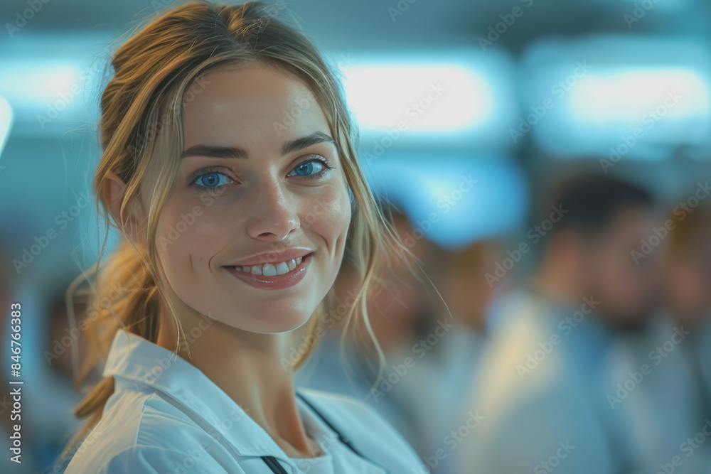 Photograph of a woman doctor, nurse, portrait shot smiling cheerfully, standing front row in class. Photograph of a woman doctor, nurse, portrait shot smiling cheerfully, standing front row in class.