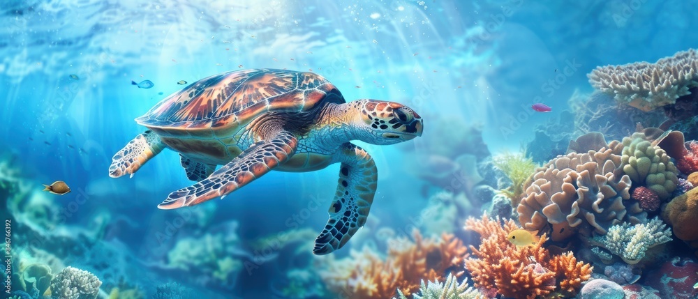 Fototapeta premium Giant sea turtle swimming over coral reefs, ocean wildlife habitat