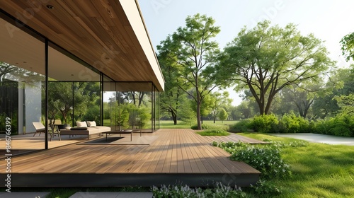 Modern house exterior with wooden deck and green landscape. Beautiful outdoor space with trees and open sky. Ideal for real estate, architecture, and nature stock photos. Peaceful and calm setting. AI