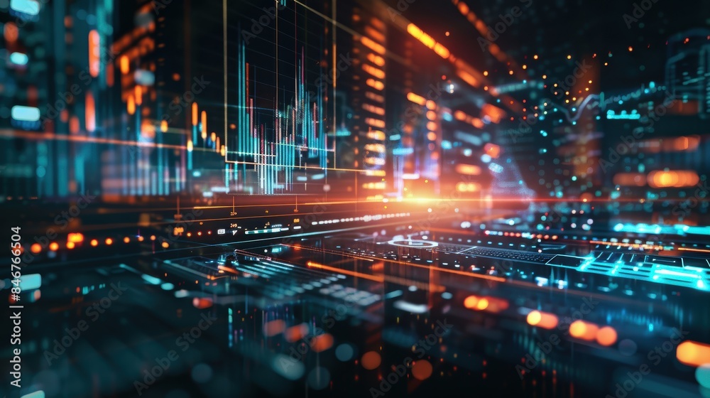 Futuristic details and glowing graphs illustrating financial data and stock trends Futuristic details and glowing graphs illustrating financial data and stock trends