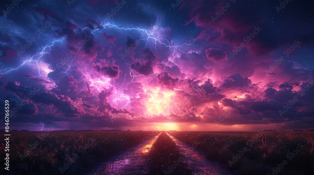 Fototapeta premium Thunderstorm over a field at night, lightning with a beautiful sunset and clouds