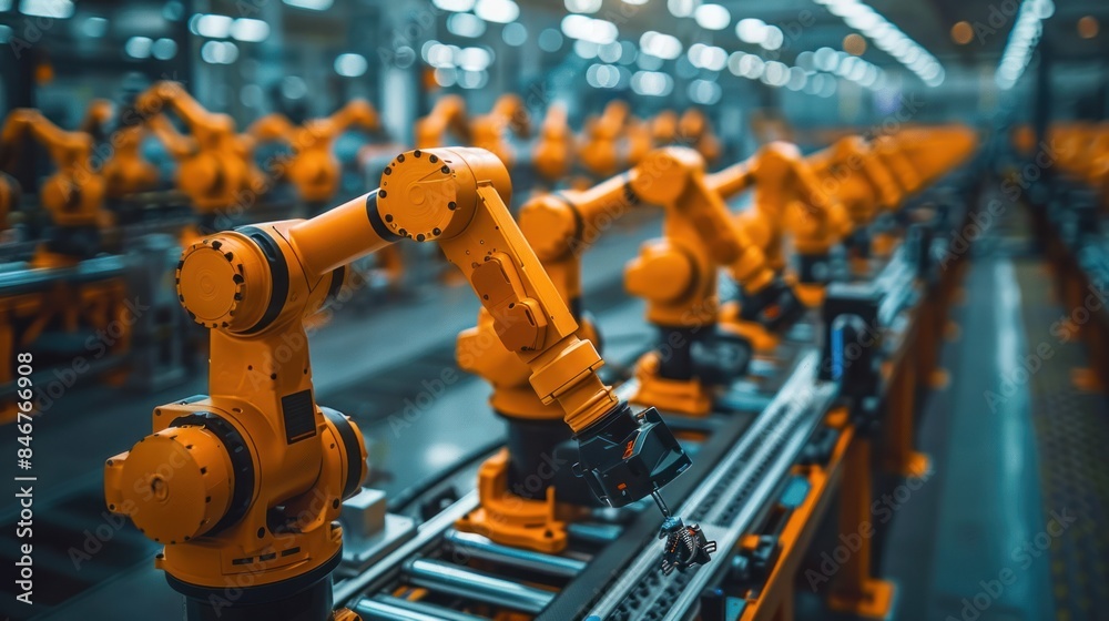 An assembly line of robot arms inside Bright Plant assembles batteries for the automotive industry. EV Battery Pack Automated Production Line Equipped with Orange Advanced Robot Arms. An assembly line of robot arms inside Bright Plant assembles batteries for the automotive industry. EV Battery Pack Automated Production Line Equipped with Orange Advanced Robot Arms.