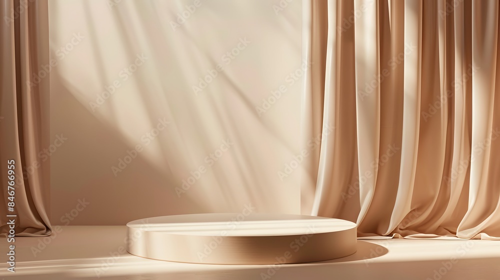 Luxurious beige curtain backdrop with elegant round podium, perfect for product photography, isolated on transparency PNG background, fashion, or event presentation setups. Luxurious beige curtain backdrop with elegant round podium, perfect for product photography, isolated on transparency PNG background, fashion, or event presentation setups.