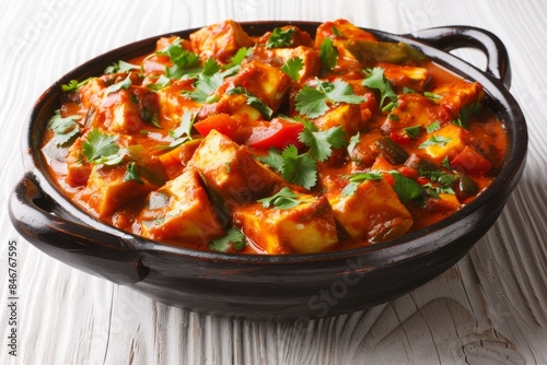 Indian-style cottage cheese vegetarian curry dish. Kadai Paneer - traditional Indian food. paneer tikka masala in a pan on wooden background