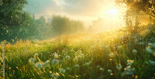 Sunlit Meadow with Wildflowers and Soft Focus Background