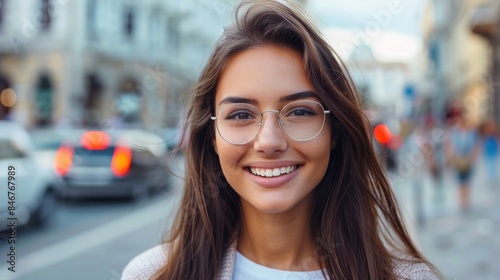 An eyeglass-wearing young woman smiles over the background of a city street