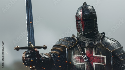 A knight in full armor brandishing a sword in a battlefield setting. photo