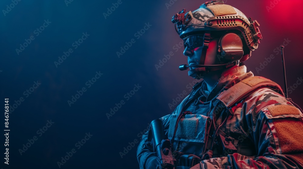 A soldier in full combat gear stands alert under dramatic blue and red lighting. A soldier in full combat gear stands alert under dramatic blue and red lighting.