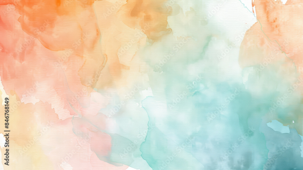 Fototapeta premium Abstract watercolor background with soft blue, orange, and peach hues blending ly, perfect for design and artistic projects.
