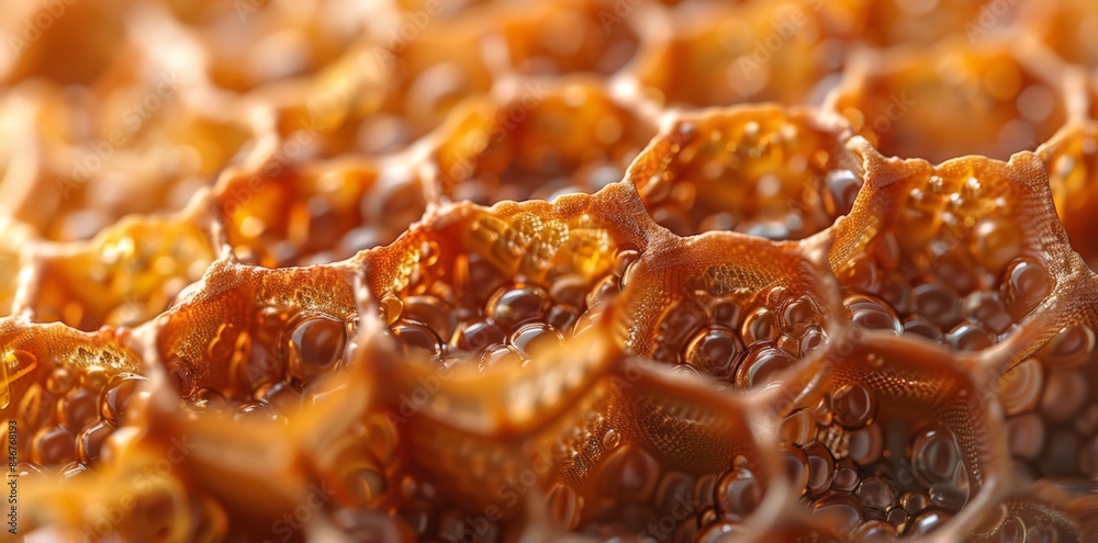 Close-Up of Honeycomb with Water Drops, Texture and Detail Focus
