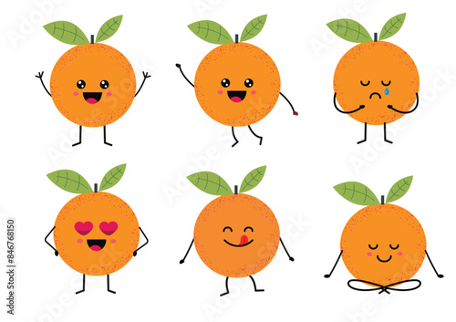 Kawaii orange fruit character with different emotions. Isolated on white background. Cartoon oranges set