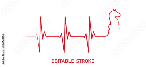 Editable line heart rhythm illustration with chessboard piece horse, heartbeat line vector design to use for healthcare, business idea, healthy lifestyle, brainstorm concept illustration projects. 