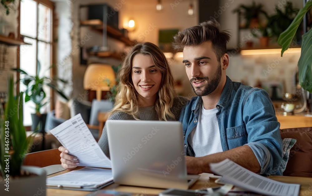 A young couple working on their financial goals for their dream home The man and woman working together on a laptop at a table in a modern apartment interior,. A young couple working on their financial goals for their dream home The man and woman working together on a laptop at a table in a modern apartment interior,.