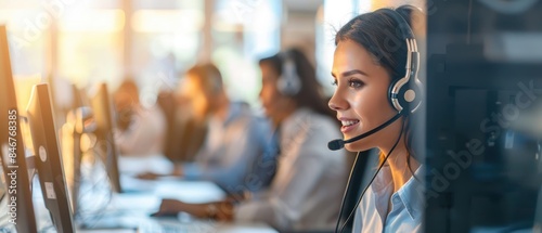 Busy call center environment with a professional female agent using a headset