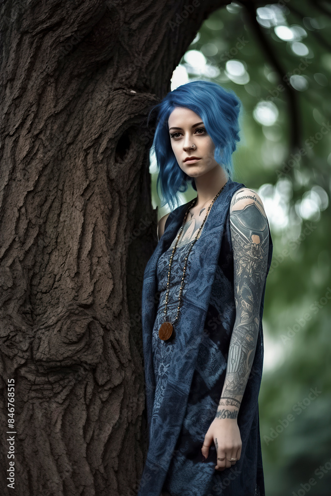Portrait of a woman with blue hair and tattoos standing by a tree. Outdoor scene with natural light. Alternative fashion and self-expression concept