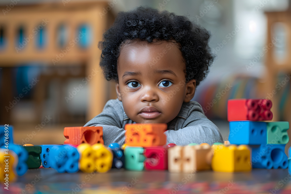 A charming young child with curly hair playing with colorful wooden blocks on the floor, capturing a moment of creativity and learning in a cozy home environment A charming young child with curly hair playing with colorful wooden blocks on the floor, capturing a moment of creativity and learning in a cozy home environment