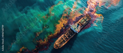 Aerial view of oil spill from a maritime container ship, environmental disaster and ocean pollution photo