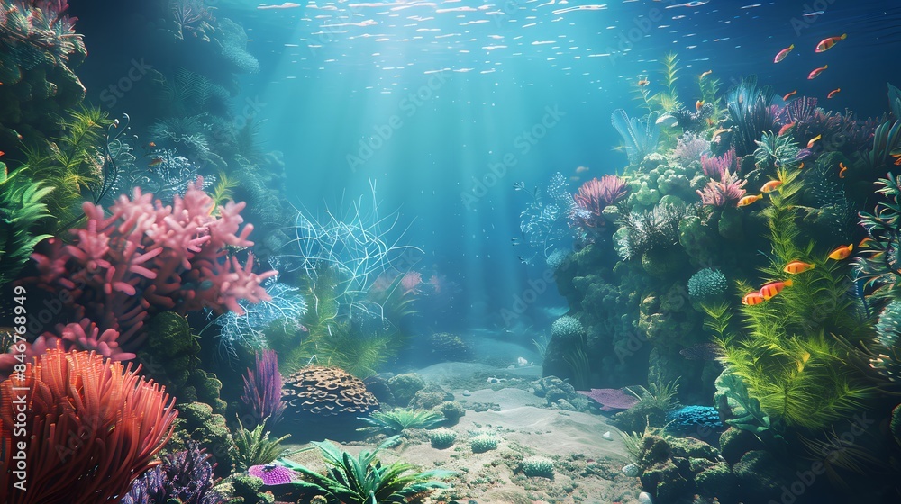 Obraz premium Beautiful underwater scenery with various types of fish and coral reefs Generative AI