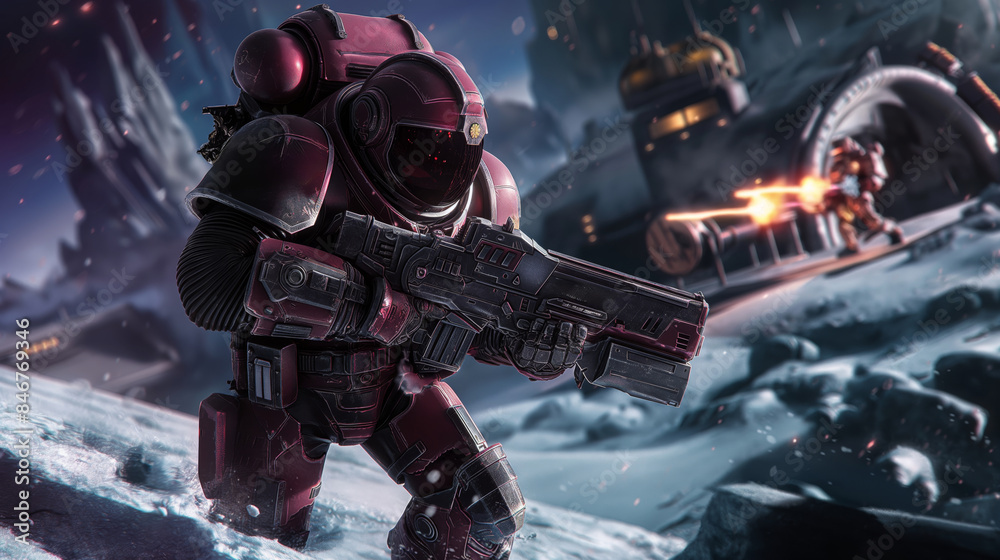 Armored space warrior battles on a snowy planet, wielding a futuristic weapon in intense combat. Armored space warrior battles on a snowy planet, wielding a futuristic weapon in intense combat.