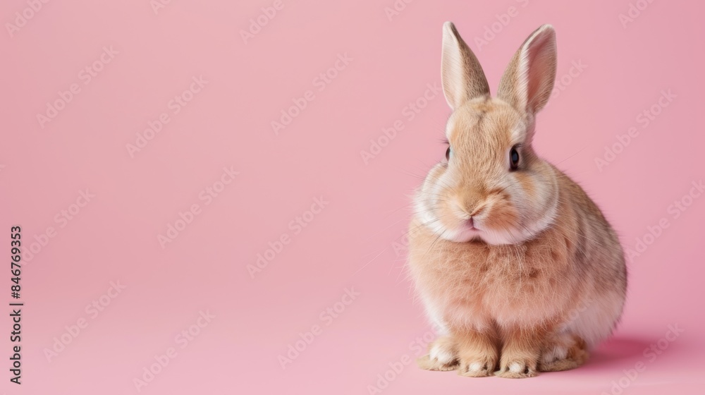 Obraz premium A fluffy rabbit sitting on a solid pink background with space above for text