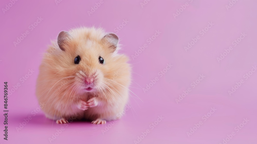 A fluffy hamster sitting on a solid purple background with space above for text A fluffy hamster sitting on a solid purple background with space above for text