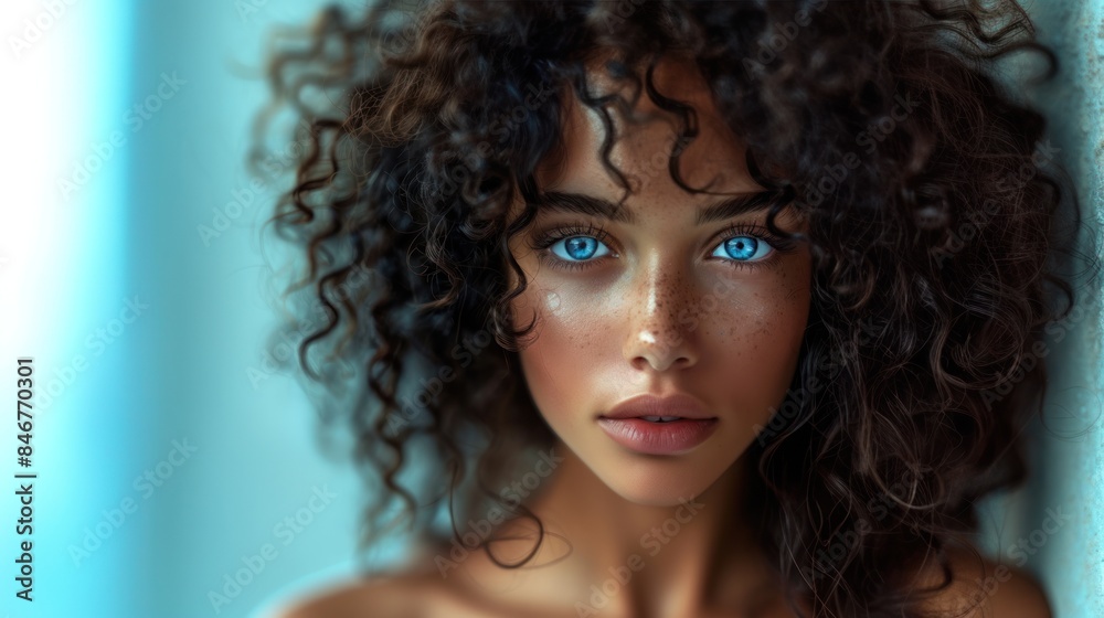 Fototapeta premium A woman's portrait. This is a portrait close up of a beautiful woman. A portrait of a woman with blue eyes and perfect skin. Beauty face.
