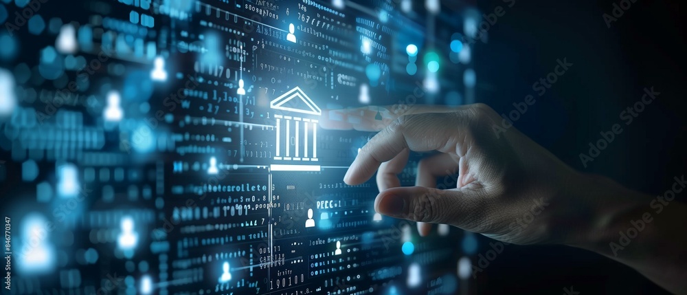 Businessman touching banking icon on digital screen fintech, payment money Businessman touching banking icon on digital screen fintech, payment money