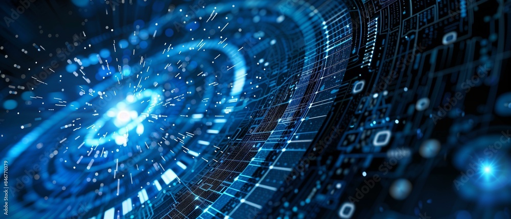Glowing blue circuit board with binary code light burst business analytics assessment, network connection Glowing blue circuit board with binary code light burst business analytics assessment, network connection