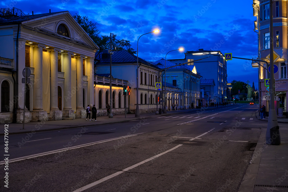 Night view of Volkhonka street in Moscow, Russia. Cozy cityscape of Moscow. Architecture and landmarks of Moscow. Night view of Volkhonka street in Moscow, Russia. Cozy cityscape of Moscow. Architecture and landmarks of Moscow.