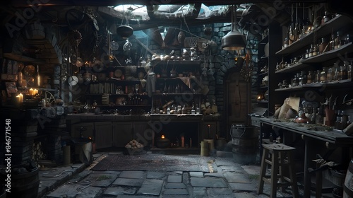 Mysterious Sorcerer's Lair Filled with Arcane Tools and Trinkets of the Occult