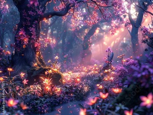 Enchanted forest with glowing flora, magical elements, vibrant colors, fantasy art