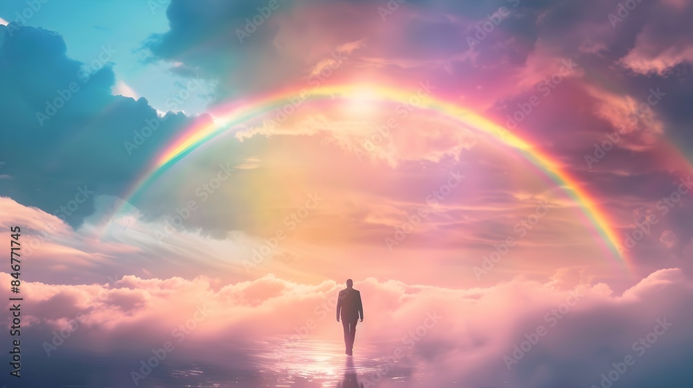 Solitary Figure Traversing Majestic Rainbow-Kissed Landscapes Solitary Figure Traversing Majestic Rainbow-Kissed Landscapes