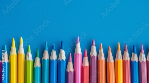 Colorful pencils arranged in a pattern on a blue surface
