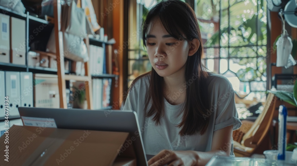 SME business woman in Asia uses laptop computer to check customer orders, online delivery boxes at home Starting a small business, SME entrepreneur, freelancer, online business, work from home ideas. SME business woman in Asia uses laptop computer to check customer orders, online delivery boxes at home Starting a small business, SME entrepreneur, freelancer, online business, work from home ideas.