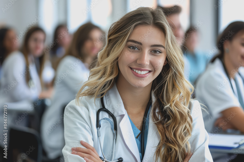 Fototapeta premium Photograph of a woman doctor, nurse, portrait shot smiling cheerfully, standing front row in class.