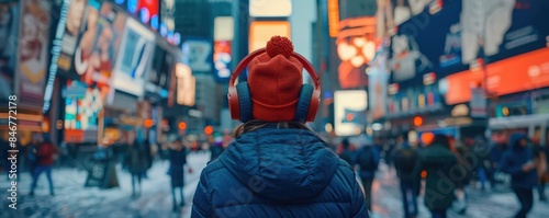 A person wearing heart shaped headphones in a bustling city, finding peace amidst the chaos
