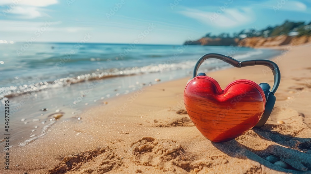 Heart shaped headphones on a sandy beach, evoking a sense of tranquility and serenity