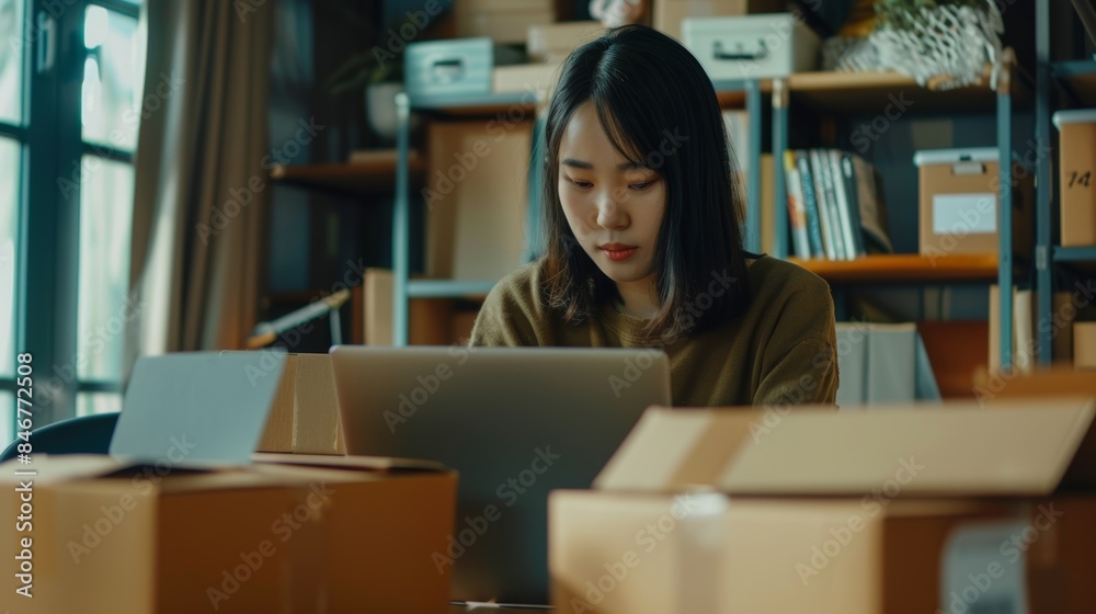 SME business woman in Asia uses laptop computer to check customer orders, online delivery boxes at home Starting a small business, SME entrepreneur, freelancer, online business, work from home ideas. SME business woman in Asia uses laptop computer to check customer orders, online delivery boxes at home Starting a small business, SME entrepreneur, freelancer, online business, work from home ideas.