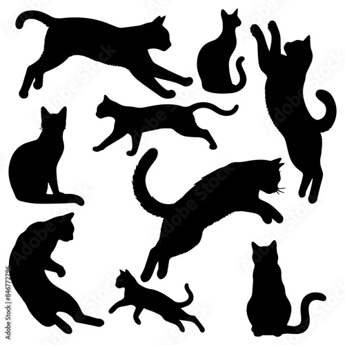 Vector illustration. Large set of cat silhouettes for printing. Sticker template.