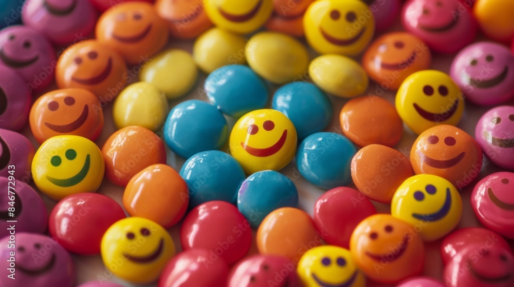 Colorful smiling candies arranged in a spiral pattern, creating an eye-catching visual display. Colorful smiling candies arranged in a spiral pattern, creating an eye-catching visual display.