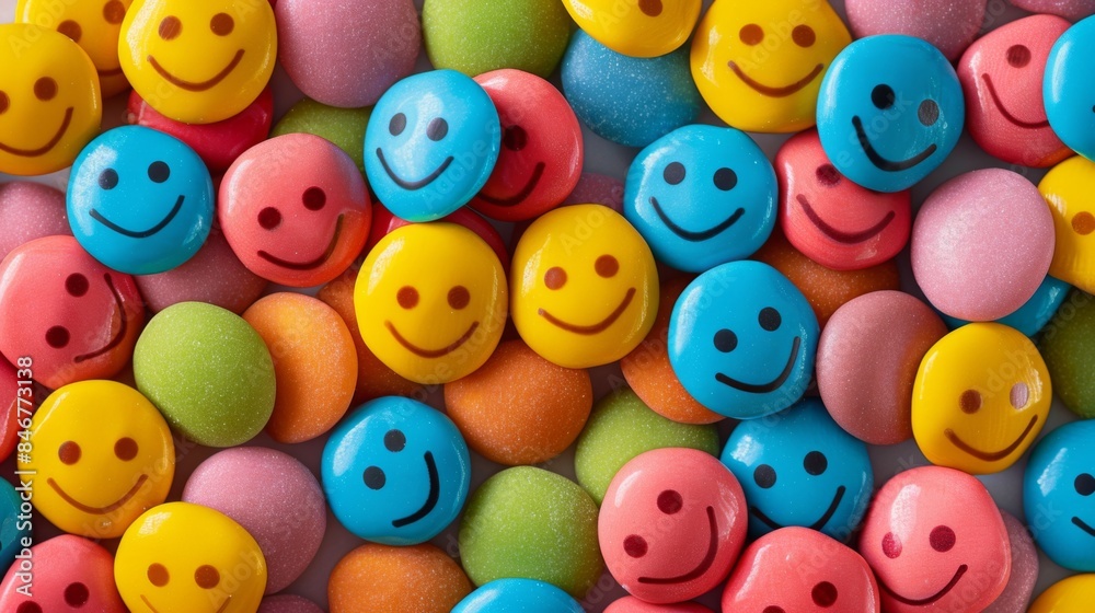 Colorful smiling candies arranged in a vibrant pattern, spreading joy and sweetness. Colorful smiling candies arranged in a vibrant pattern, spreading joy and sweetness.