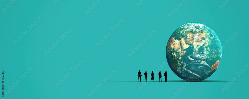 A group of people stand in front of a large globe. The globe is surrounded by a blue background. The people are standing in a line, with some of them closer to the globe and others further away A group of people stand in front of a large globe. The globe is surrounded by a blue background. The people are standing in a line, with some of them closer to the globe and others further away