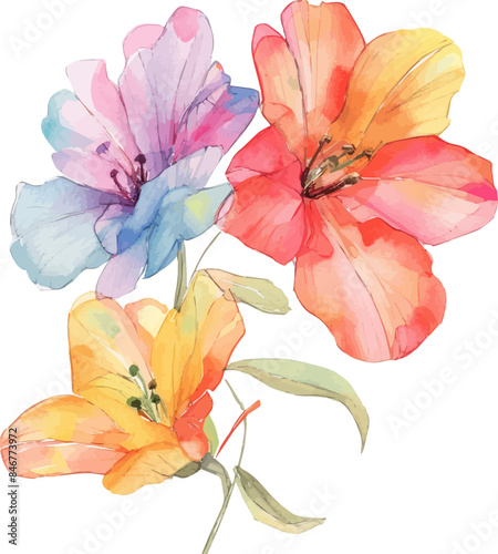 Flowers watercolor illustration on isolated background.  Use by fabric  fashion  wedding invitation  template  poster  romance  greeting  spring  bouquet  pattern  decoration and textile. 