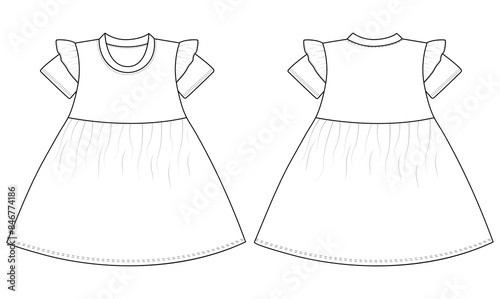 Baby Girls winglet sleeves dress fashion technical draw vector illustration template design