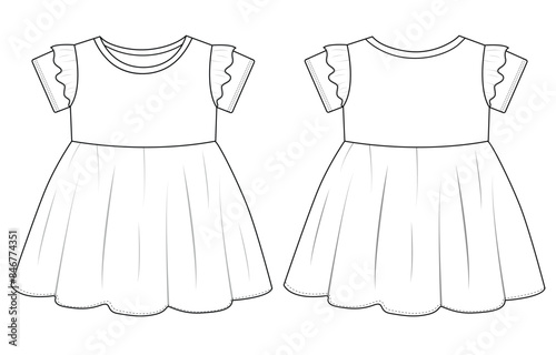 Baby Girls winglet sleeves dress fashion technical draw vector illustration template design